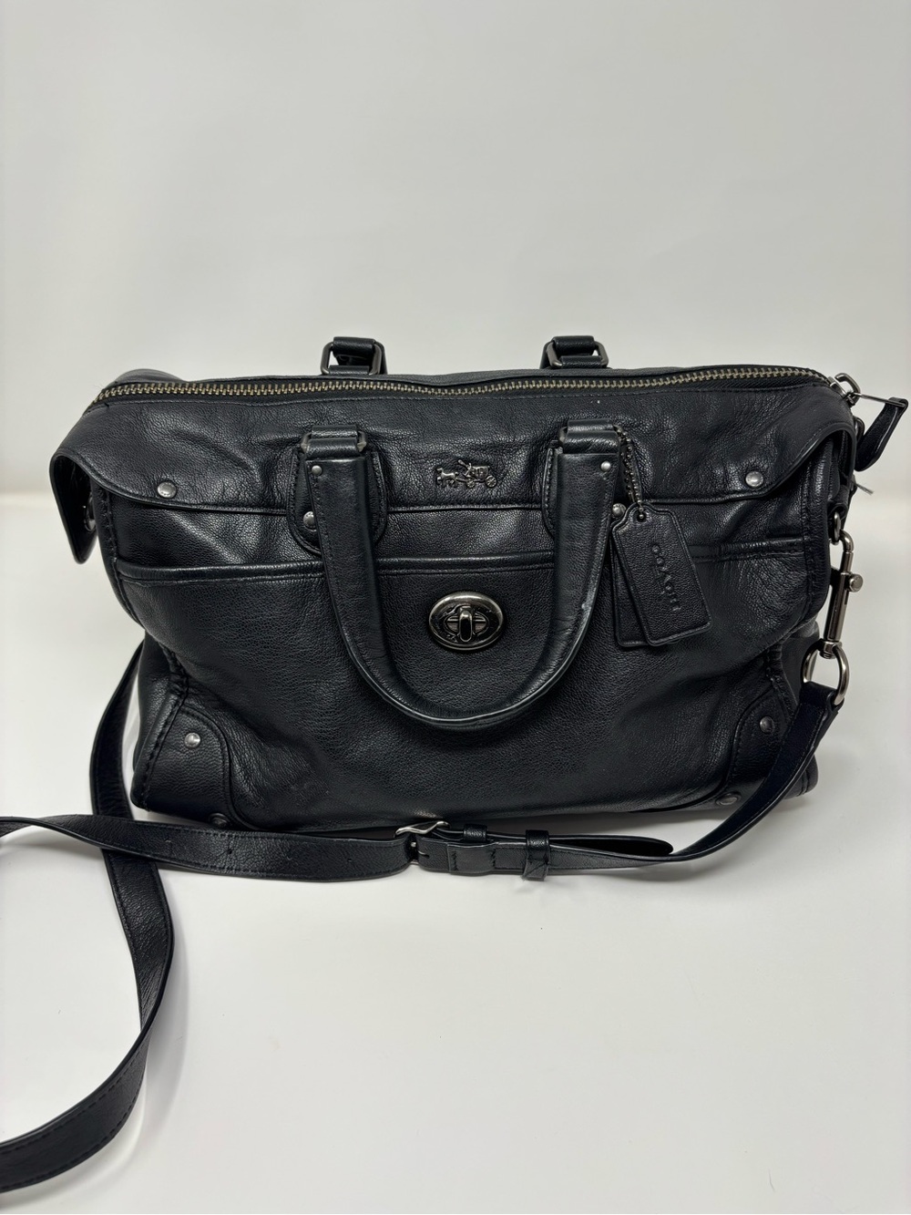 Coach Black Leather Satchel with Turnlock and Crossbody Strap